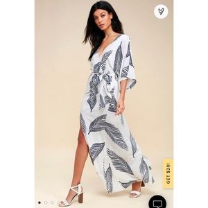 Lulus Sign of the Times White and Navy Blue Leaf Print Maxi Dress
